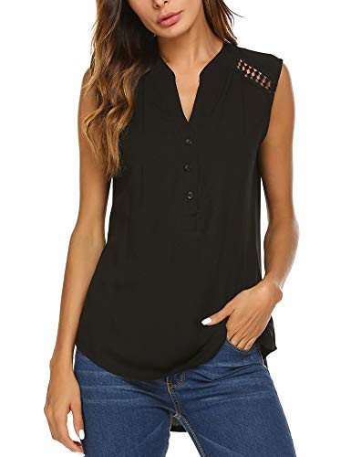 SoTeer Women's Casual V Neck T Shirts Loose Sleeveless Blouse Tops (Black, L)