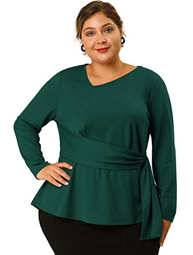 Agnes Orinda Women's Plus Size Blouse V Neck Tops Long Sleeve Blouses Peplum Top Saint Patrick's Day Dark Green 2X