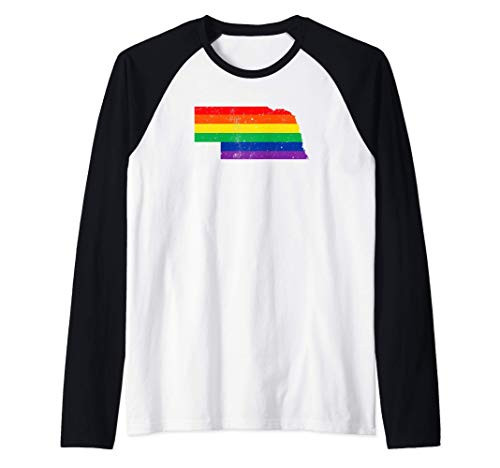 Nebraska Pride Rainbow Flag Map Gay Lesbian LGBT Support Raglan Baseball Tee