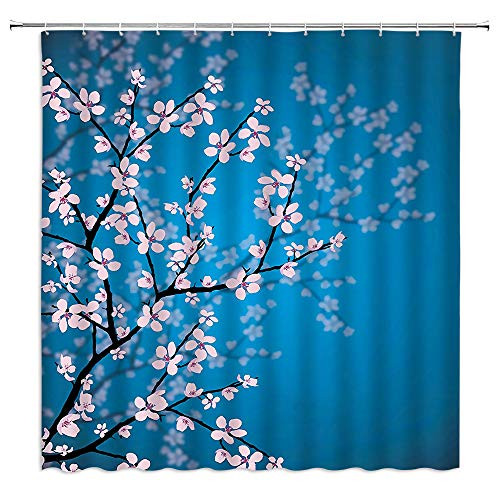 MNSC Cherry Blossom Shower Curtain, Pink Floral Japanese Sakura Flower Garden Park Leaves and Plants Ombre Spring Romantic Vintage Fashion Decor Fabric Bathroom Curtain 71x71Inch with Hooks,Blue
