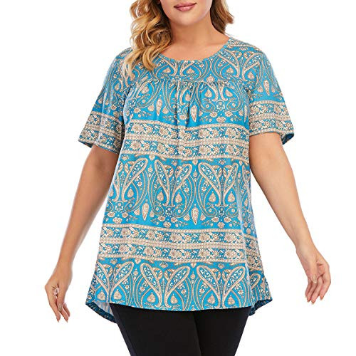 LINJOU Women's Plus Size Short Sleeve Lace Pleated T Shirts Flowy Casual Summer Blouses Tunic Tops