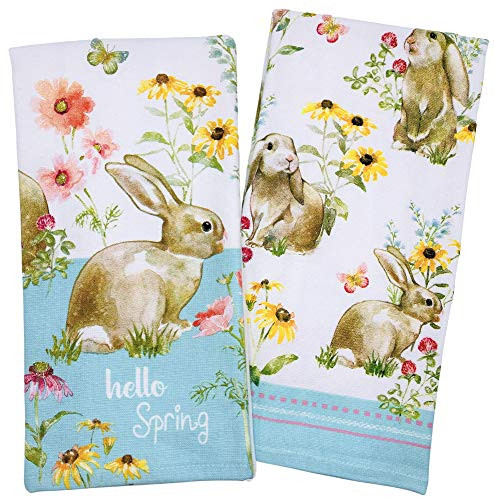 Hello Spring Bunny Kitchen Towels, Set of 2 Bunnies in Spring Flowers Dish Towels for Cooking, Baking, Cleaning, Spring Kitchen Decor, Easter Kitchen Towels, Easter Decorations
