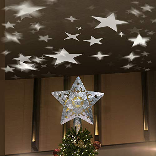 Christmas Tree Topper Lighted 3D Hollow Christmas Star Tree Topper with LED Rotating Star Snowflake Projector, Christmas Tree Star Topper for Christmas Tree Decorations (Star Tree Topper, Silver)