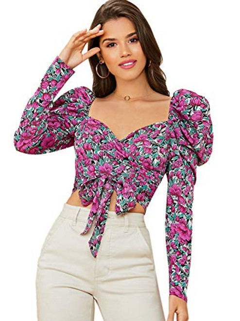 SOLY HUX Women's Floral Print Wrap Tie Front Puff Sleeve Crop Top Blouse Multicoloured L SOLY HUX Women's Floral Print Wrap Tie Front Puff Sleeve Crop Top Blouse Multicoloured L