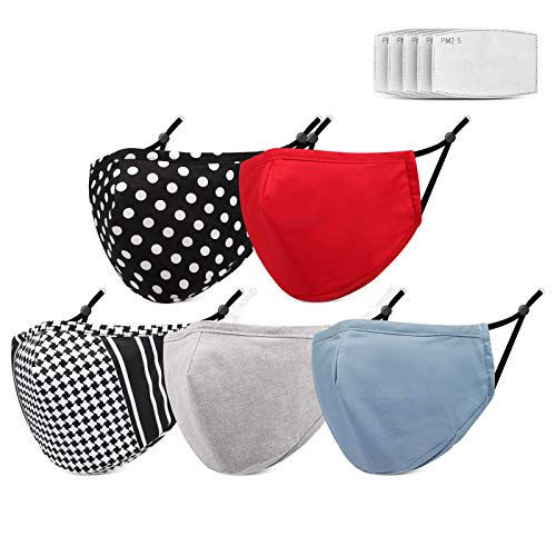 Fashion Face Mask Reusable - Face Masks Washable with Filter - Breathable  and  Washable Safety adult Face Mask with Soft Elastic Earloop - Protection Cover Mouth  and  Nose Dust Mask 5 Pcs(KSS03 Style)