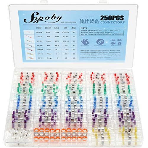 Sopoby 250PCS Solder Seal Wire Connectors, Self-Solder Heat Shrink Butt Connector Solder Sleeve Waterproof Electrical Butt Splice Wire Terminals for Automotive Boat Truck Wire Joint(7 Colors/7 Sizes)