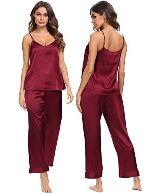 SWOMOG Women's Satin Pajamas Set Silk Sleepwear Cami Nightwear Sexy Lingerie Pjs Set Wine Red SWOMOG Women's Satin Pajamas Set Silk Sleepwear Cami Nightwear Sexy Lingerie Pjs Set Wine Red