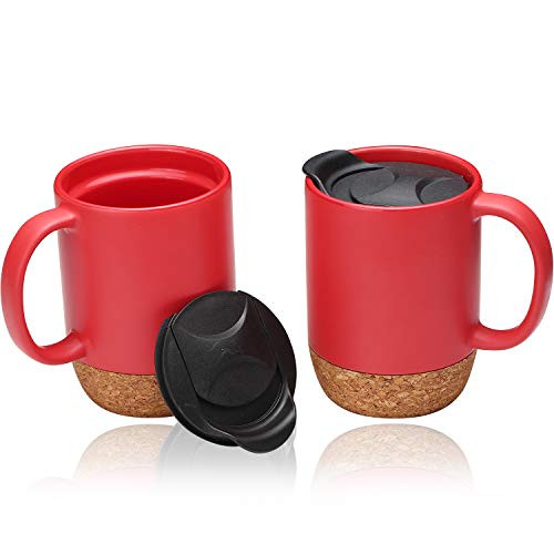 Coffee Mug Set of 2, 15 OZ Large Coffee Mugs with Handle for Tea, Ceramic Mug with Cork Bottom Splash Proof Lid, Coffee Cups for Women and Men (Red)