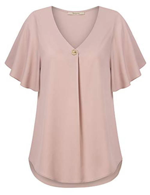 Bebonnie Short Sleeve Tunics for Women, Juniors Casual Summer Ruffle Sleeve V Neck Loose Fit Chiffon Dressy Tunic Tops Blouses  and  Button-Down Shirts Pink L