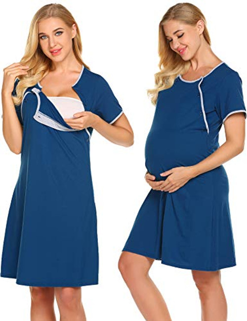Ekouaer Nursing Nightgown Nightdress Hospital Gown Delivery/Labor/Maternity/Pregnancy Soft Breastfeeding Dress,Bnavy Blue,Small