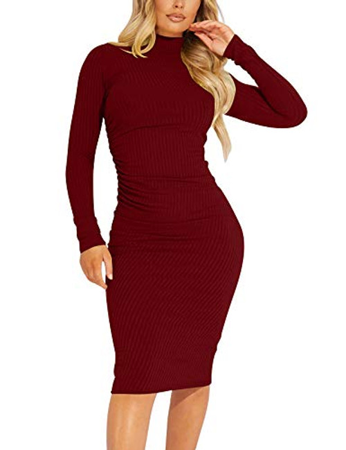 Kaximil Women's Ribbed Basic Casual Midi Dress Long Sleeve Bodycon Ruched Club Dresses, Small, Wine Red