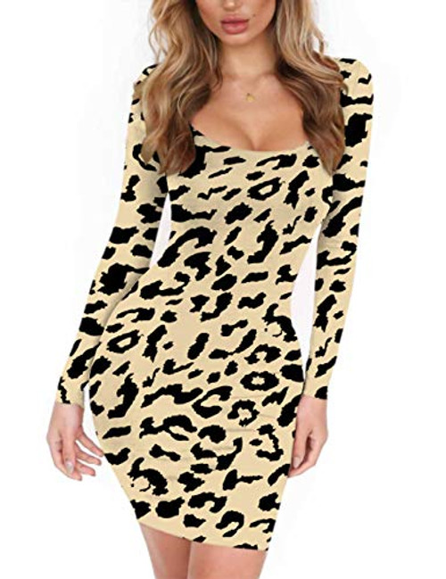 Haola Women's Scoop Neck Long Sleeve Midi Party Bodycon Dress Lady Strench Club Dress Leopard Print L Haola Women's Scoop Neck Long Sleeve Midi Party Bodycon Dress Lady Strench Club Dress Leopard Print L