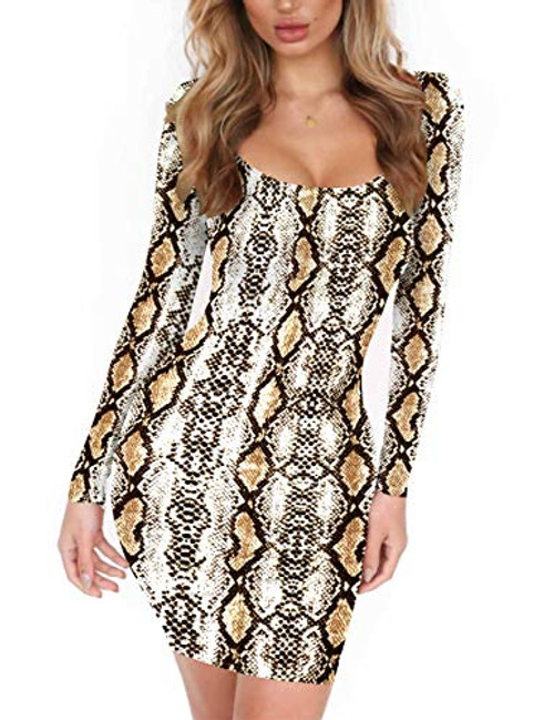 Haola Women's Scoop Neck Long Sleeve Midi Party Bodycon Dress Lady Strench Club Dress Yellow Snake Print M Haola Women's Scoop Neck Long Sleeve Midi Party Bodycon Dress Lady Strench Club Dress Yellow Snake Print M