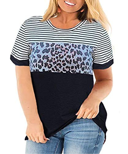 Women Plus Size Tops Summer Short Sleeve T-Shirts Raglan Blouse Light Purple colorblock Striped Leopard 4XL black 26w