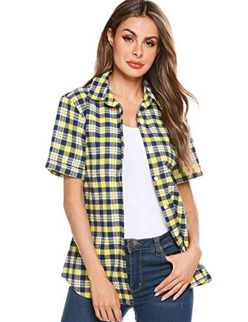 SUNAELIA Womens Flannels Short Sleeve Plaid Shirts Cotton Check Gingham Top S-XXL