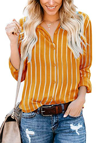 ZC and GF Women's Long Sleeve V-Neck Stripes Casual Blouses Pocket Button Down Shirt Tops (Yellow, XX-Large)