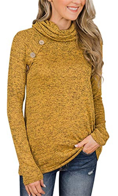 Unidear Womens Cowl Neck Tunics Casual Fall Long Shirts Pullover Button Sweatshirts Tops 3 Yellow XXL