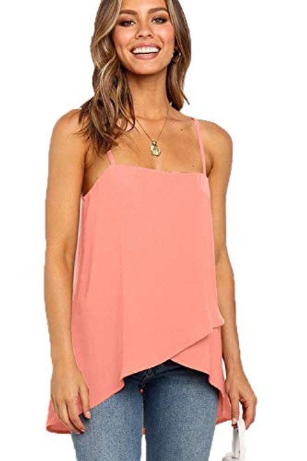 PEKONIVA Women's Chiffon Cami Tank Top Solid Spaghetti Strap Ruffle Hem Sleeveless Shirt Summer Loose Tunic Tops for Legging Pink-M PEKONIVA Women's Chiffon Cami Tank Top Solid Spaghetti Strap Ruffle Hem Sleeveless Shirt Summer Loose Tunic Tops for Legging Pink-M