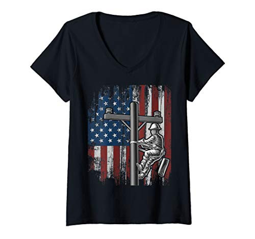 Womens Lineman American Flag Powerline Technician Cable Gift Men V-Neck T-Shirt