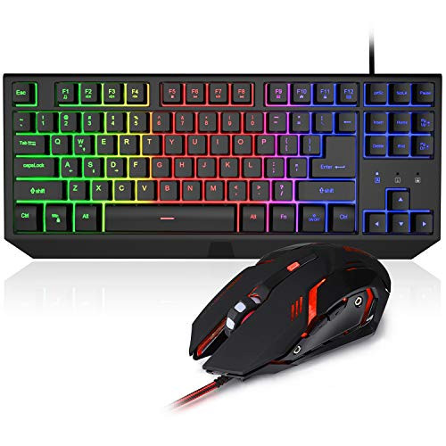 BlueFinger 87 Keys Gaming Keyboard and Mouse Combo, RGB Rainbow Backlit Keyboard with Lighted Gaming Mouse, USB Wired Compact Tenkeyless Keyboard Set for PC Laptop Computer Gamer Work