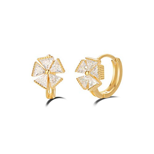 Carleen Yellow Gold Plated 925 Sterling Silver White Cubic Zirconia CZ Flower Cute Small Tiny Mini Helix Little Thin Cartilage Huggie Hoop Earrings For Women Girls, 10mm