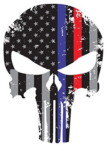K9King Punisher Skull 5.5 x 4 Inch Tattered Subdued Us Flag Reflective Decal with Thin Blue and Red Line