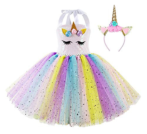 HenzWorld Little Girls Dresses Clothes Unicorn Headband Costume Princess Birthday Party Halloween Cosplay Tutu Sequins Moon Stars Glitter Outfits Rainbow Kids 2-3 Years
