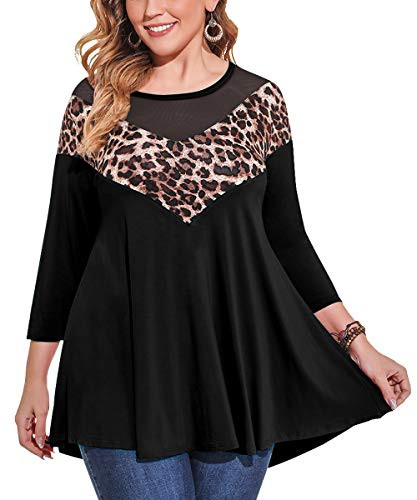 LARACE Plus Size Women Leopard Tops Mesh V-Neck Patchwork Tunics 3/4 Sleeve Shirts(Black 1X)