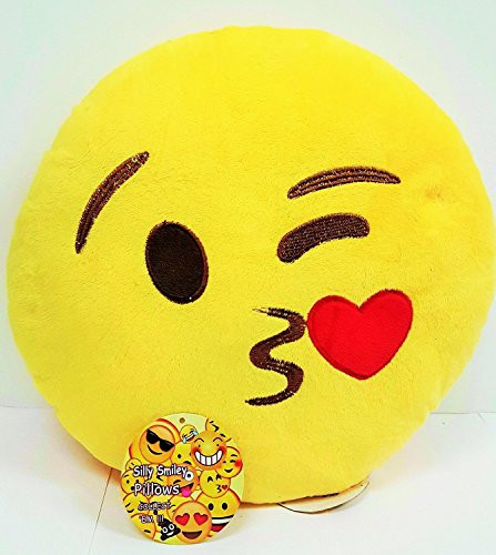 2mbdesign Emoji 32cm Silly Smiley Pillows Emoticon Yellow Round Cushion Pillow Stuffed Plush Soft Toy-Emoji kiss Eye