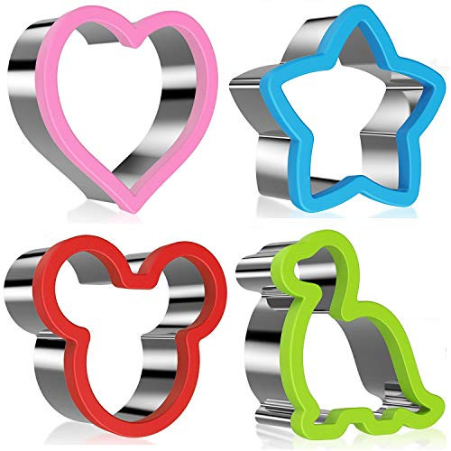 Stainless Steel Sandwiches Cutter, Mickey Mouse & Dinosaur & Heart & Star Shapes Cookie cutter Biscuit Cutter -Food Grade Biscuit Mold Cookie Cutter for Kids Suitable for Cakes and Cookie (Big, 4pack)