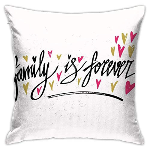 GULTMEE Modern Throw Pillow Cushion Cover,Inspirational Phrase Family is Forever Hand Writing Cute Hearts,Decorative Square Accent Pillow Case,18 inch X 18 inch