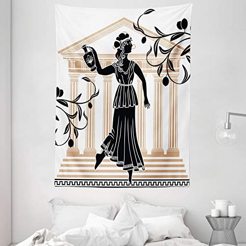 Ambesonne Retro Tapestry, Greek Woman with Amphora Building and Olive Branches Culture Folk Pattern, Wall Hanging for Bedroom Living Room Dorm Decor, 60 inch X 80 inch, Brown Black