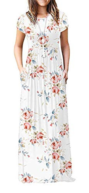 HAOMEILI Women's Short Sleeve Floral Dress Loose Plain Maxi Dresses Casual Long Dresses with Pockets(Print White XS) HAOMEILI Women's Short Sleeve Floral Dress Loose Plain Maxi Dresses Casual Long Dresses with Pockets(Print White XS)