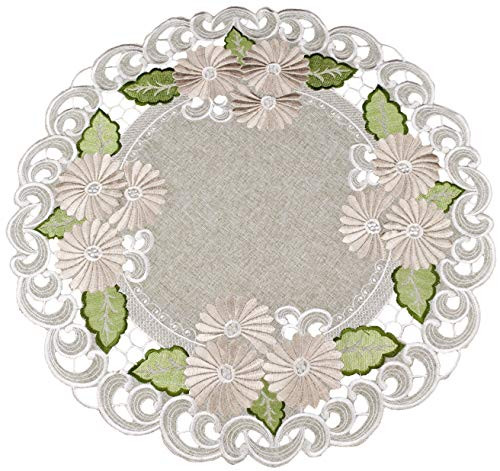 Embroidered Gold Daisy Fleur Latte Table Topper, Small Tablecloth, Doily 22 Inch Round