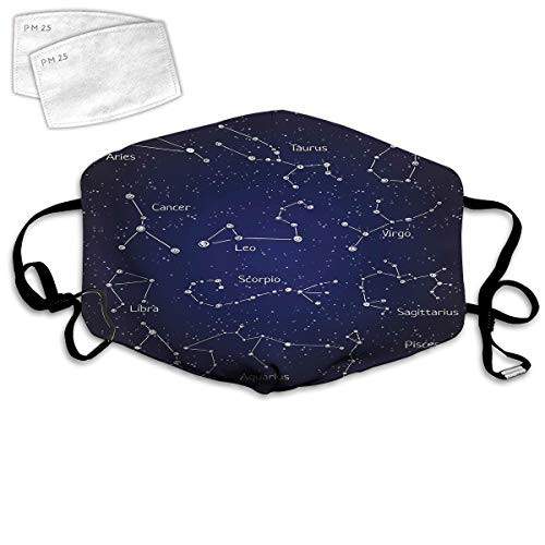 Multi Usage Face Cover UP Doodle Chalk Writing Style Zodiac Star Balaclava Unisex Reusable Windproof Mouth Mask with 2 Filter