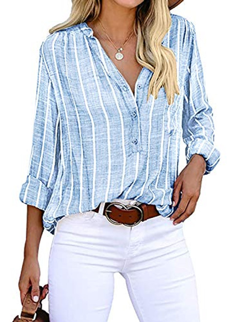 Yidarton Women's Long Sleeve V-Neck Stripes Casual Blouses Button Down Business Blouses Shirts (Medium, Blue)