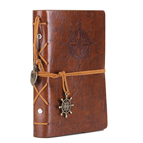 Leather Writing Journal Notebook, EvZ 5 Inches Vintage Nautical Spiral Blank String Diary Notepad Sketchbook Travel to Write in, Unlined Paper, Retro Pendants, Classic Embossed, Retro Brown