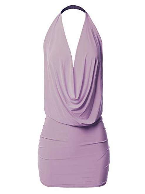 Deep Sexy V-Neck Halter Backless Party Club Mini Dress Lavender L Deep Sexy V-Neck Halter Backless Party Club Mini Dress Lavender L