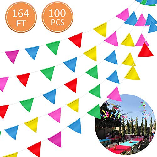 164ft/100pcs Colorful Pennant Flags Banner, Pinlook Multicolor Pennant Banner Bunting String Fabric for Birthdays Party, Christmas, Festivals, Shops Decorations