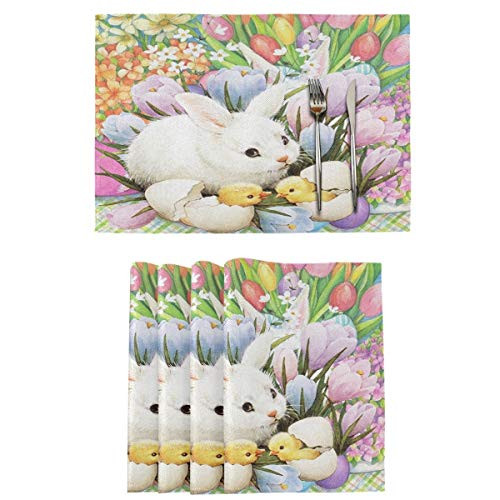 Vdsrup Easter Eggs Bunny Placemats Set of 6 Spring Flowers Rabbit Table Mats Burlap Placemat Washable Non-Slip Heat Resistant Place Mats for Party Kitchen Dining Decorations 12 X 18 Inch