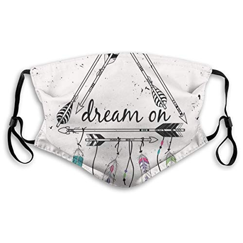 Boho Style Tribal Ethnic Arrows Triangle Shape Dream On Hand Writing Feathers,Mouth Face Mask Anti Breathable Filter Dust Absorb Sweat Washable Reusable Masks for Cycling Camping Ski Travel Outdoor