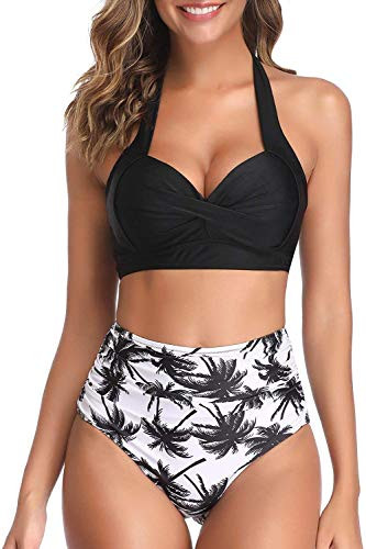 Giftwe Women Bikini Set Vintage Two Piece Swimsuit Retro Halter Top with Ruched High Waist Bottom Swimwear Black L