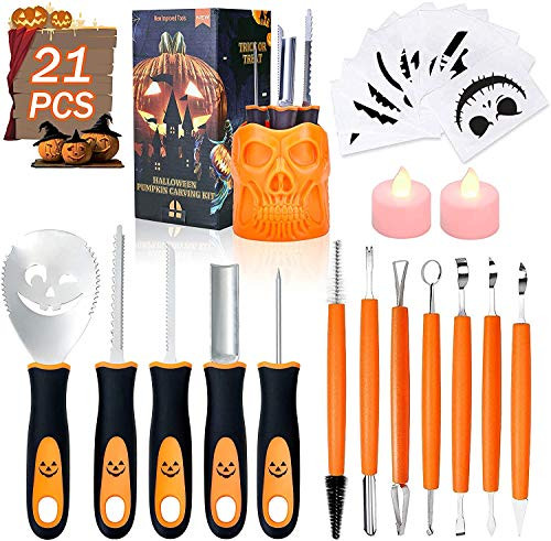 Fundaful Halloween Pumpkin Carving Kit, Halloween New 21 Piece Professional Stainless Steel Pumpkin Carving Knife, Pumpkin Cutting Supplies Tools Kit with Stencils for Halloween Decoration Fundaful Halloween Pumpkin Carving Kit, Halloween New 21 Piece Professional Stainless Steel Pumpkin Carving Knife, Pumpkin Cutting Supplies Tools Kit with Stencils for Halloween Decoration