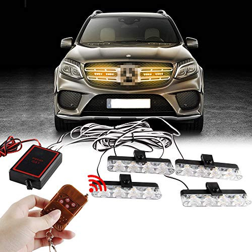 Sidaqi 4 in 1 12V Emergency Strobe Warning Grille Lights Caution Flash Lights For Car Truck DRL Ambulance Police Lights Remote Control Wireless-Amber