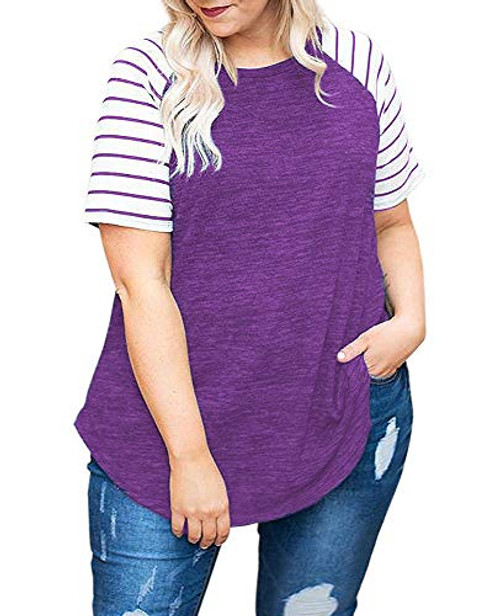 DOLNINE Plus Size Tunics for Womens Casual Summer Raglan Stripe Tops Blouses Purple-26W