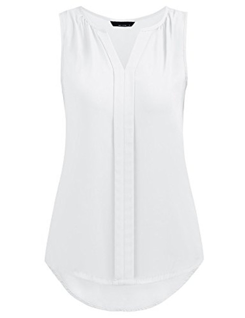 Grabsa Women's Chiffon Blouse Notch Neck Sleeveless Pleated Front Tank Top, Pure White, Large Grabsa Women's Chiffon Blouse Notch Neck Sleeveless Pleated Front Tank Top, Pure White, Large