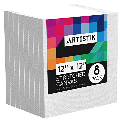 Artistik Stretched Canvas - Artist Quality Acid Free Triple Primed Gesso Stretched Canvases Quality Art Paint Supply (Pack of 8-12 inch x 12 inch)