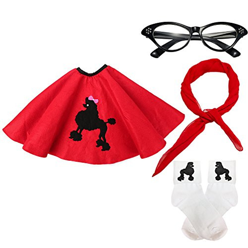 50s Girls Costume Accessory Set - Poodle Skirt, Chiffon Scarf, Cat Eye Glasses,Bobby Socks (OneSize, Red)