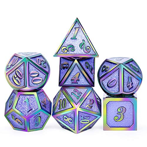 DND Metal Dice Set with Case, DNDND 7 Die Polyhedral Metal Dice for Dungeons and Dragons D and D Table Games (Rainbow Number with Lavender)