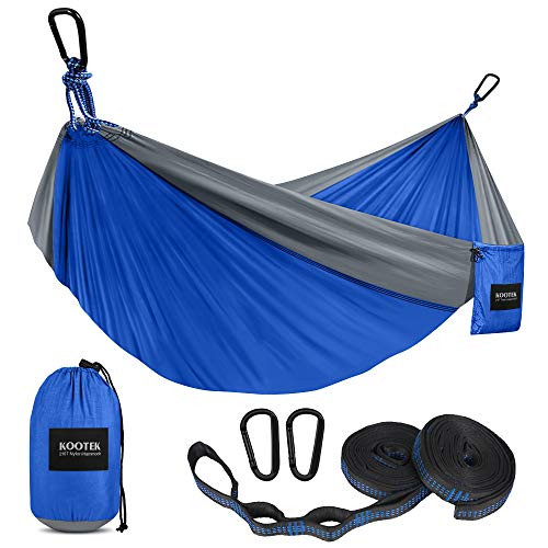 Kootek Camping Hammock Double  and  Single Portable Hammocks with 2 Tree Straps, Lightweight Nylon Parachute Hammocks for Backpacking, Travel, Beach, Backyard, Patio, Hiking (Blue  and  Grey, Small)
